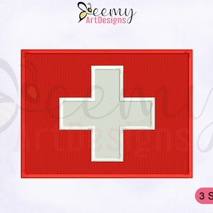 Puede incluir: Un cuadrado rojo con una cruz blanca en el centro. La cruz está bordeada de blanco. La imagen es un diseño de bordado digital de la bandera suiza.