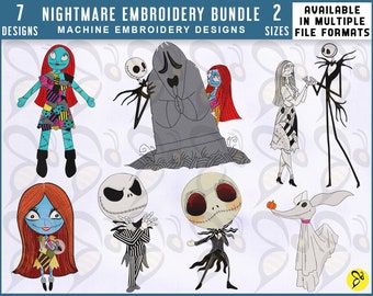 Nightmare Embroidery Designs Bundle, 4x4 and 5x7 Hoop, Jack & Sally Tombstone Embroidery Design, Jack Skellington and Zero Embroidery Design