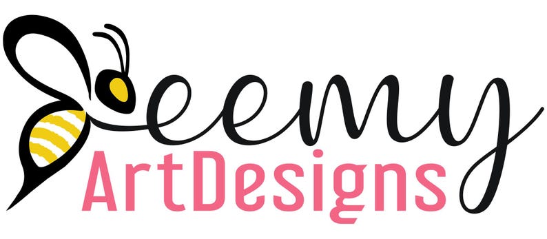 May include: A logo featuring a stylized black bee with yellow and white striped abdomen and yellow eye. The text "beemy" is written in black cursive script, and the word "ArtDesigns" is written in pink sans-serif font below the bee.