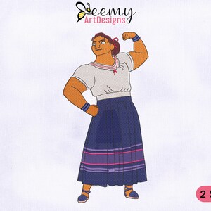 May include: An embroidered design featuring a strong woman in a white top and a blue skirt with pink stripes. The image includes the text "Seemy ArtDesigns" and "2 SIZES". The woman is flexing her arm, showcasing strength.