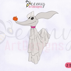 May include: A gray and white cartoon dog holding a small orange pumpkin. The dog is wearing a white ghost costume with a pink ribbon around its neck. The text "Beemy ArtDesigns" is in the upper right corner of the image. The text "2 SIZES" is in the lower right corner of the image.