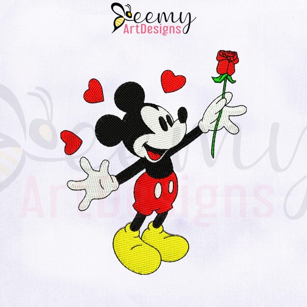 Mickey Mouse met bloemborduurontwerp, 4x4 hoepel, Mickey Mouse borduurontwerp, Mickey borduurontwerp, Mickey Hold Rose in zijn hand