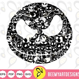 Pode incluir: Silhueta preta e branca do rosto de Jack Skellington, composta por imagens repetidas de seu rosto e outros personagens de O Estranho Mundo de Jack.