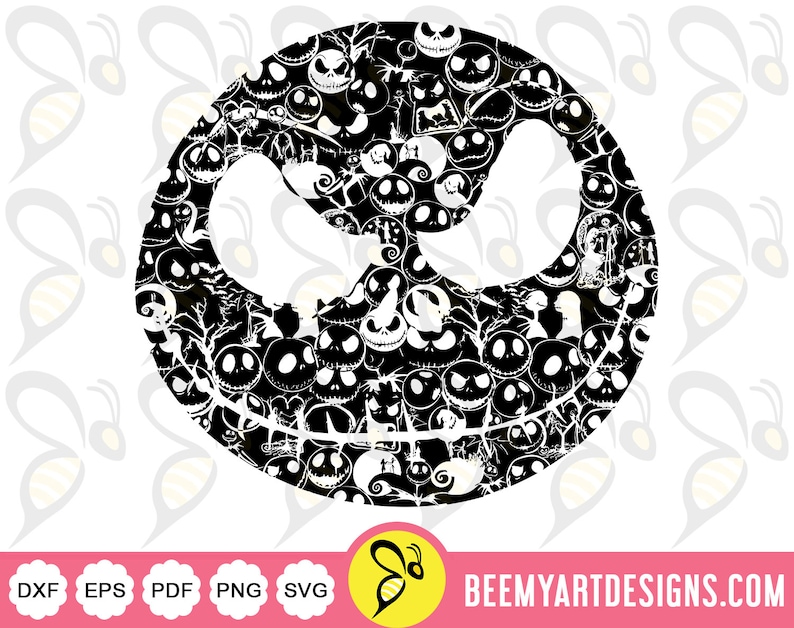 Pode incluir: Silhueta preta e branca do rosto de Jack Skellington, composta por imagens repetidas de seu rosto e outros personagens de O Estranho Mundo de Jack.