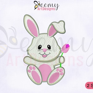 Holding Flower Bunny Embroidery Design, 4x4 & 5x7 Hoop, Easter Embroidery Designs, Rabbit Embroidery Design, Bunny Machine Embroidery Design
