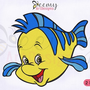 May include: A yellow and blue cartoon fish with a big smile and a blue fin. The fish is a character from the Disney film The Little Mermaid.