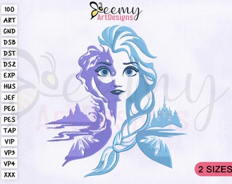 May include: Embroidered design of Elsa from Frozen, with a purple and blue color scheme. The design features Elsa's face, hair, and a castle in the background. The text "Seemy ArtDesigns" and "2 SIZES" are also included.