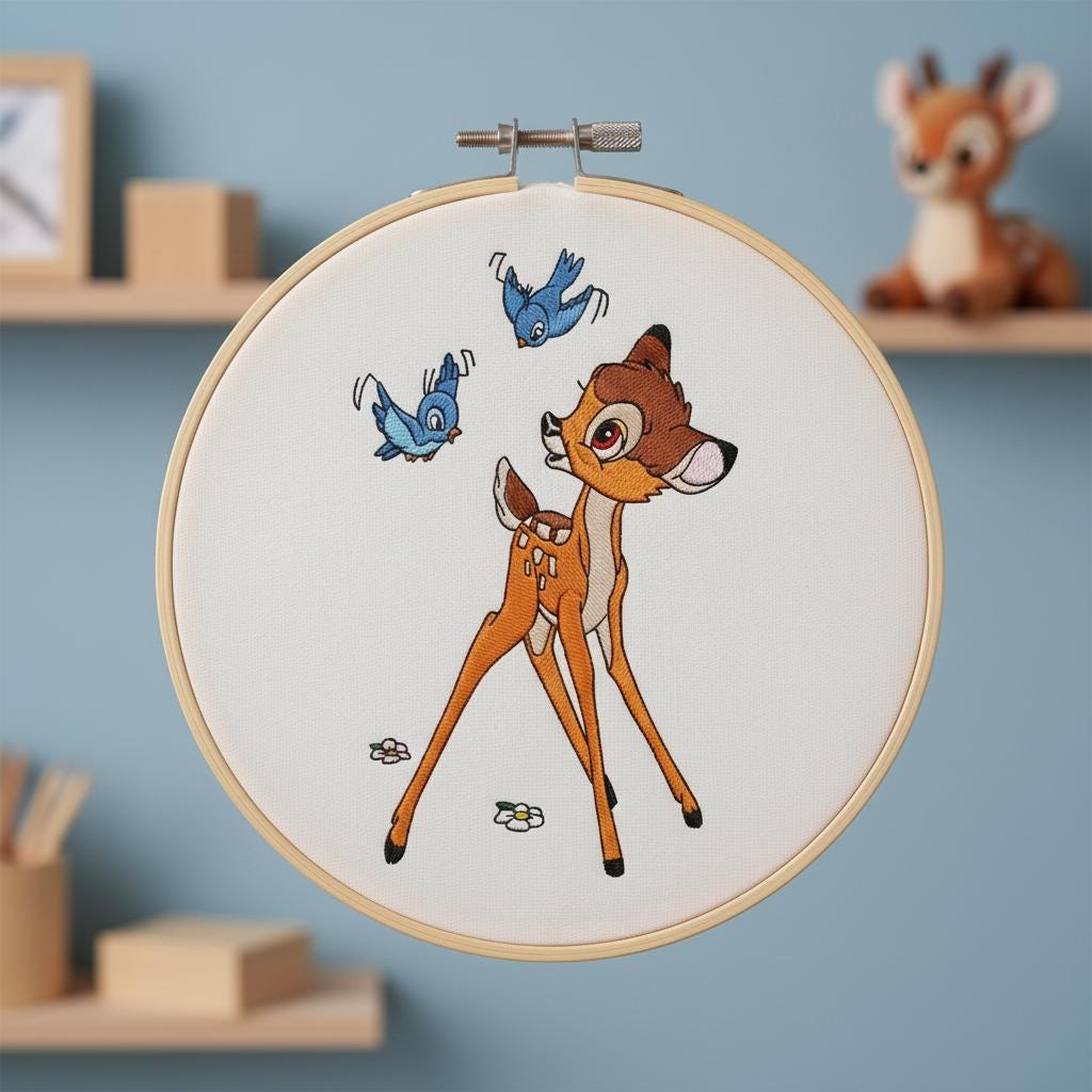 バンビの刺繍デザインで遊ぶ鳥たち、4x4と5x7の刺繍枠、バンビの刺繍