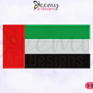 May include: An embroidered patch of the United Arab Emirates flag. The flag is green, white, and black with a red vertical stripe on the hoist side. The text "Beemy ArtDesigns" is visible in the top right corner of the image. The text "3 SIZES" is visible in the bottom right corner of the image.