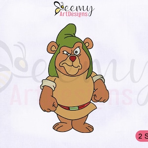 May include: An embroidery design of a cartoon bear wearing a green hat and brown clothing. The bear has a grumpy expression and is standing with its arms crossed. The design is available in two sizes.