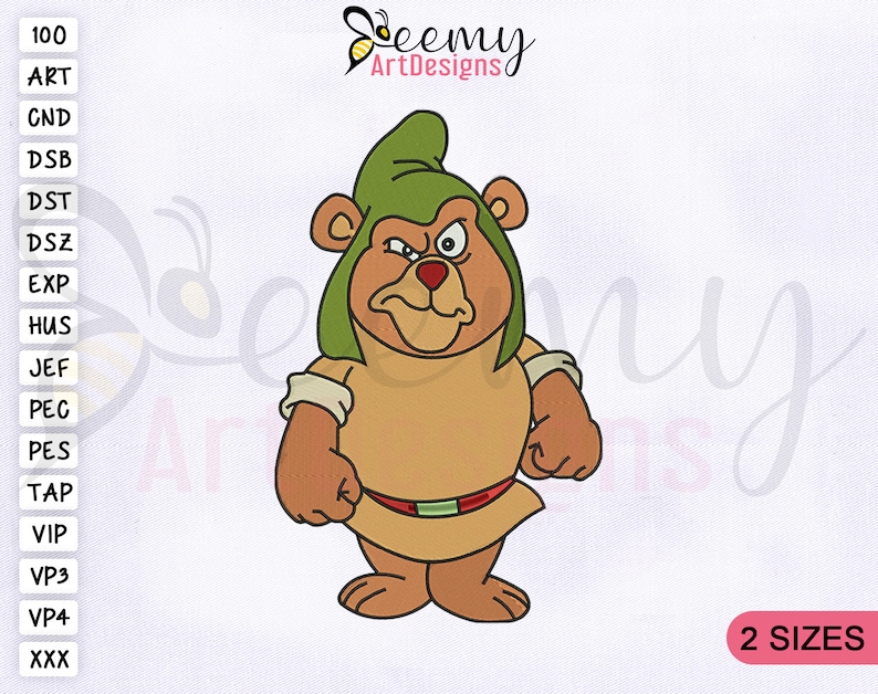 May include: An embroidery design of a cartoon bear wearing a green hat and brown clothing. The bear has a grumpy expression and is standing with its arms crossed. The design is available in two sizes.