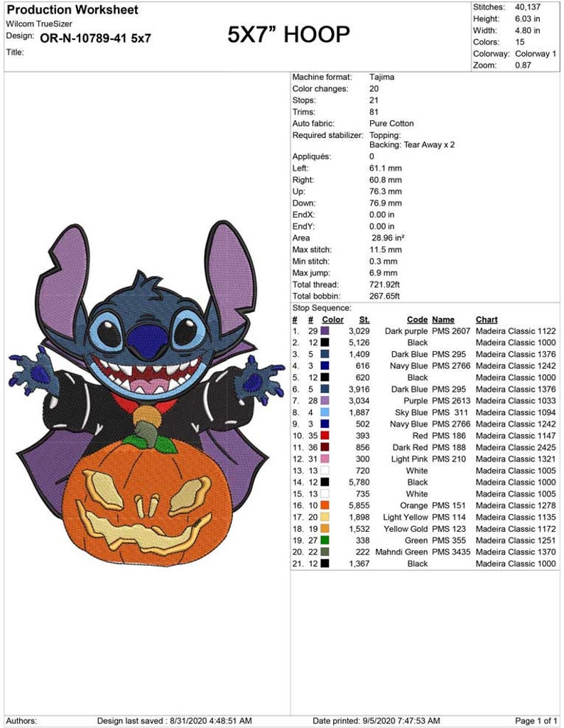 May include: A 5x7 inch embroidery design of a blue Stitch character dressed as a vampire holding a jack-o'-lantern. The design includes 15 colours and 40,137 stitches. The design is for a 5x7 inch hoop.