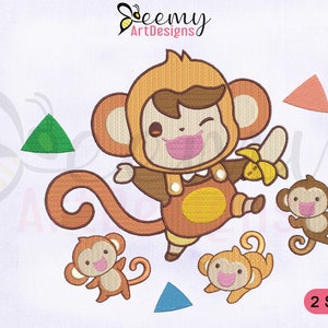 Könnte beinhalten: Stickdatei mit einem Cartoon-Affen, der eine Latzhose trägt und eine Banane hält. Drei kleinere Affen sind ebenfalls im Design enthalten, sowie ein paar Dreiecke. Das Design ist in zwei Größen erhältlich.