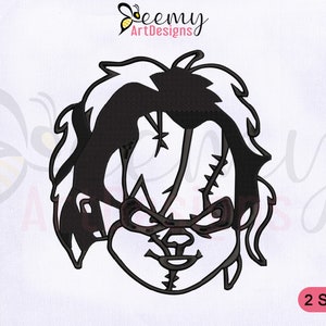 Op de afbeelding: Zwart-wit borduurontwerp van een personage met hechtingen op zijn gezicht. Het ontwerp is voor borduurmachines en is verkrijgbaar in twee maten.