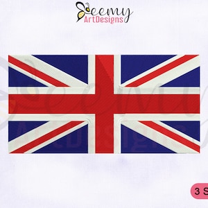 Könnte beinhalten: Eine gestickte Union Jack Flagge in Rot, Weiß und Blau. Die Flagge ist ein traditionelles Design mit einem roten Kreuz auf weißem Hintergrund, umgeben von einem blauen Feld mit weißen Diagonalen.