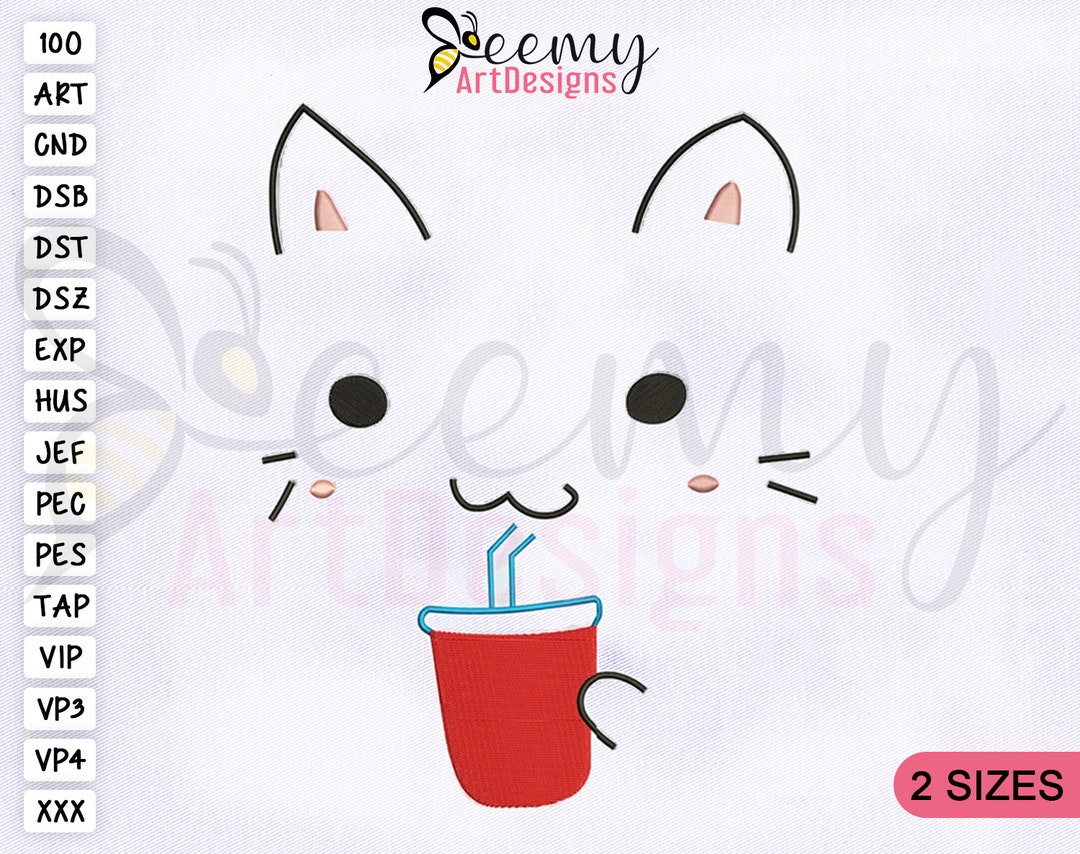 Beautiful Cat Drinking Juice Machine Embroidery Design 4x4 and 5x7 Hoop