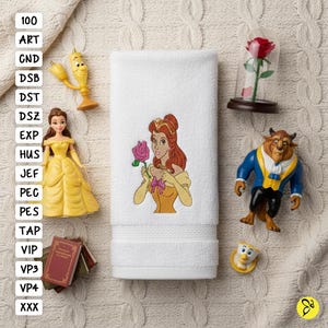Belle With Flower Machine Embroidery Design, Beauty And The Beast EMB Designs, Princess Belle Embroidery Design, 2 Sizes Embroidery Designs