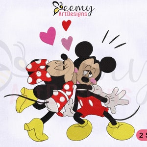 Desenho de bordado à máquina Minnie Kiss Mickey, desenhos EMB para o Dia dos Namorados, bordado Minnie, desenhos de bordado Mickey, desenhos EMB de 2 tamanhos