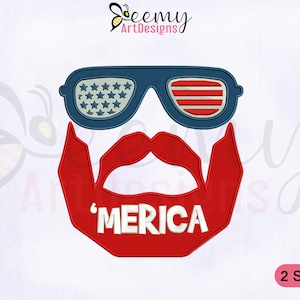 Könnte beinhalten: Rote, weiße und blaue Stickerei eines Gesichts mit Sonnenbrille, Schnurrbart und Bart. Die Sonnenbrille hat Sterne auf den Gläsern und Streifen auf den Rahmen. Der Bart hat das Wort 'MERICA' darauf geschrieben.