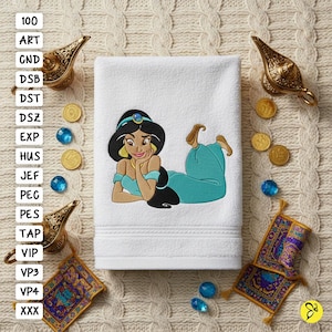 Aladdin Princess Jasmine Embroidery Design, 4x4 And 5x7 Hoop, Princess Embroidery Design, Princess Jasmine Machine Embroidery Designs