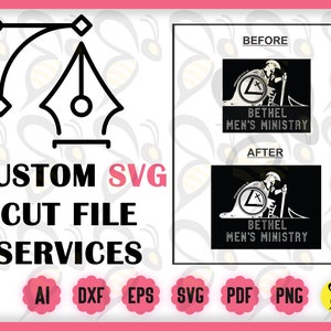 Puede incluir: Un diseño gráfico en blanco y negro de un soldado sosteniendo una espada y de pie sobre un charco de líquido. El gráfico incluye el texto "Bethel Men's Ministry". El diseño se muestra antes y después de ser cortado con una herramienta de diseño digital.