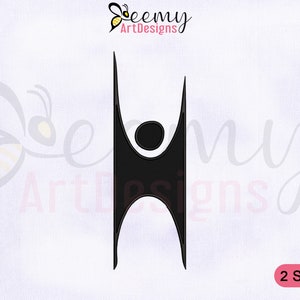 Pode incluir: Design abstrato preto apresentando uma figura com os braços levantados, assemelhando-se a uma pessoa. O design faz parte de uma coleção de bordados, com formatos de arquivo listados à esquerda. O texto "2 SIZES" está em um retângulo rosa.