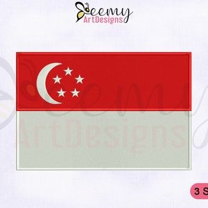 Op de afbeelding: Een borduurontwerp van de vlag van Singapore. De vlag is rood met een witte halve maan en vijf witte sterren. Het ontwerp is verkrijgbaar in drie maten.