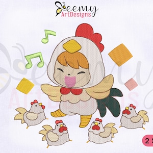May include: Embroidered design of a cartoon chicken wearing a chicken costume and dancing with musical notes. There are four smaller chickens in the background. The design is available in two sizes.