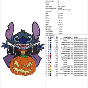 May include: A 4x4 inch embroidery design featuring Stitch from Lilo & Stitch dressed as a vampire holding a jack-o'-lantern. The design includes 21 colours and 21,032 stitches. The design is for a 4x4 inch hoop.