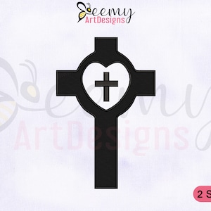 May include: Black and white embroidery design of a cross with a heart in the center. The heart has a white cross inside. The design is available in two sizes.