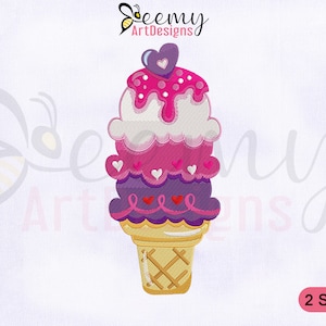 Liebe Eistüte Maschinenstickerei, 4x4 & 5x7 Hoop Eistüte Stickdatei, Valentinstag Eiscreme Stickdatei
