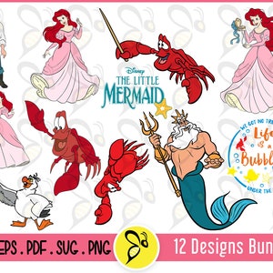 Princess Ariel Mermaid SVG Vector Art Bundle, Mermaid Vector File, Princess Ariel, Prince Eric, King Triton, Scuttle, Sebastian Vector Art