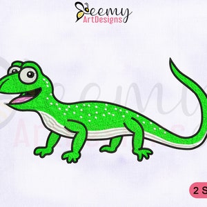 May include: A green cartoon lizard with white spots and a smiling expression. The lizard has large eyes and is outlined in black. The image includes the text "Beemy ArtDesigns" and "2 SIZES".