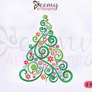 Disegno per ricamo a macchina di un albero di Natale a spirale, telaio 4x4 e 5x7, disegno per ricamo a macchina di un albero floreale di Natale, disegno per ricamo a macchina di un albero scandinavo