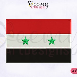 May include: An embroidered patch of the Syrian flag. The flag is red, white, and black with two green five-pointed stars in the center.