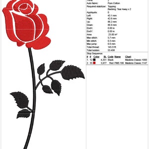 May include: A red rose with a black stem and leaves. The design is for a 5x7 inch embroidery hoop. The design is called "OR-N-10877-10 5x7".
