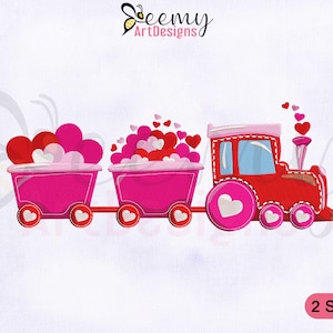 Pink Valentine&#39;s Day Train Embroidery Design, 4x4 and 5x7 Hoop EMB, Love Train Machine Embroidery Design, Valentine&#39;s Day Embroidery Designs