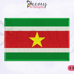 May include: Embroidered design of the flag of Suriname. The flag is green, white, red, and yellow with a yellow five-pointed star in the center. The design is available in three sizes.