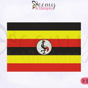 May include: An embroidered design of the flag of Uganda. The flag is black, yellow, and red with a red crowned crane in a circle in the center. The design is available in three sizes.