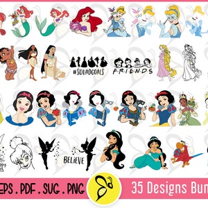 30+ Princess Vector Art Designs Bundle, Princess Ariel, Moana, Cinderella, Jasmine, Pocahontas, Rapunzel, Snow White, Tinkerbell Vector Art