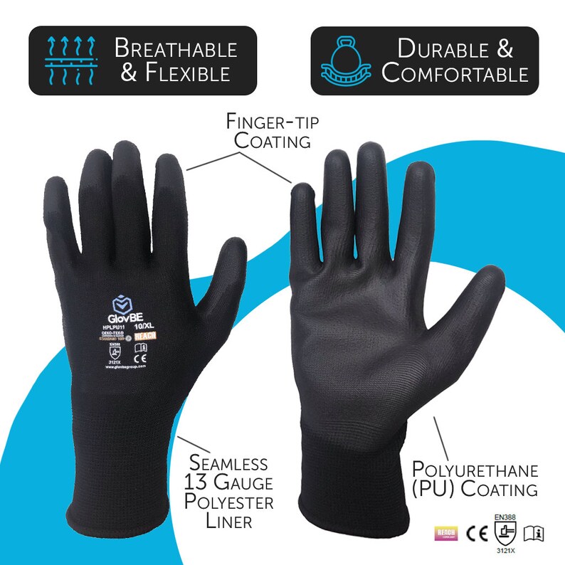 Black GlovBE 12 Pairs Gardening Working Thin Gloves Coated PU Safety Rubber Comfort Gloves for Men /& Women Polyurethane