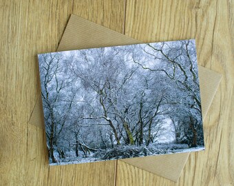 St Thomas's Trees, Callowhill, Dilhorne, Staffordshire, early morning winter snow, Christmas, 7" x 5", greeting card, blank inside.