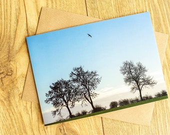 Bird, Trees, Blue Sky, Landscape Greeting Card, 7" x 5", blank inside.