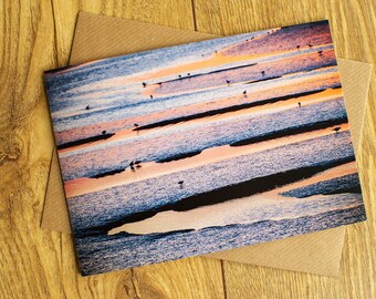 Birds at low tide, Burnham Overy Staithe, North Norfolk Coast, greeting card, 7" x 5", blank inside