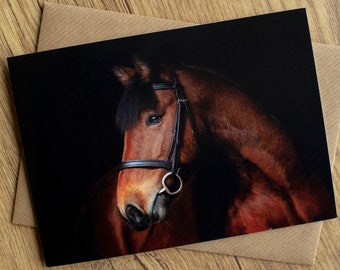 Horse photo birthday card, greetings card, 7" x 5", blank inside, featuring a beautiful fine art photograph of a bright bay cob.