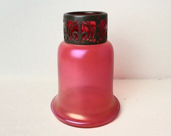 Antique Bohemian Iridescent Glass Vase | Bell Shaped Art Glass | Art Nouveau Jugendstil Metal Collar | Loetz / Stölzle Era & Style