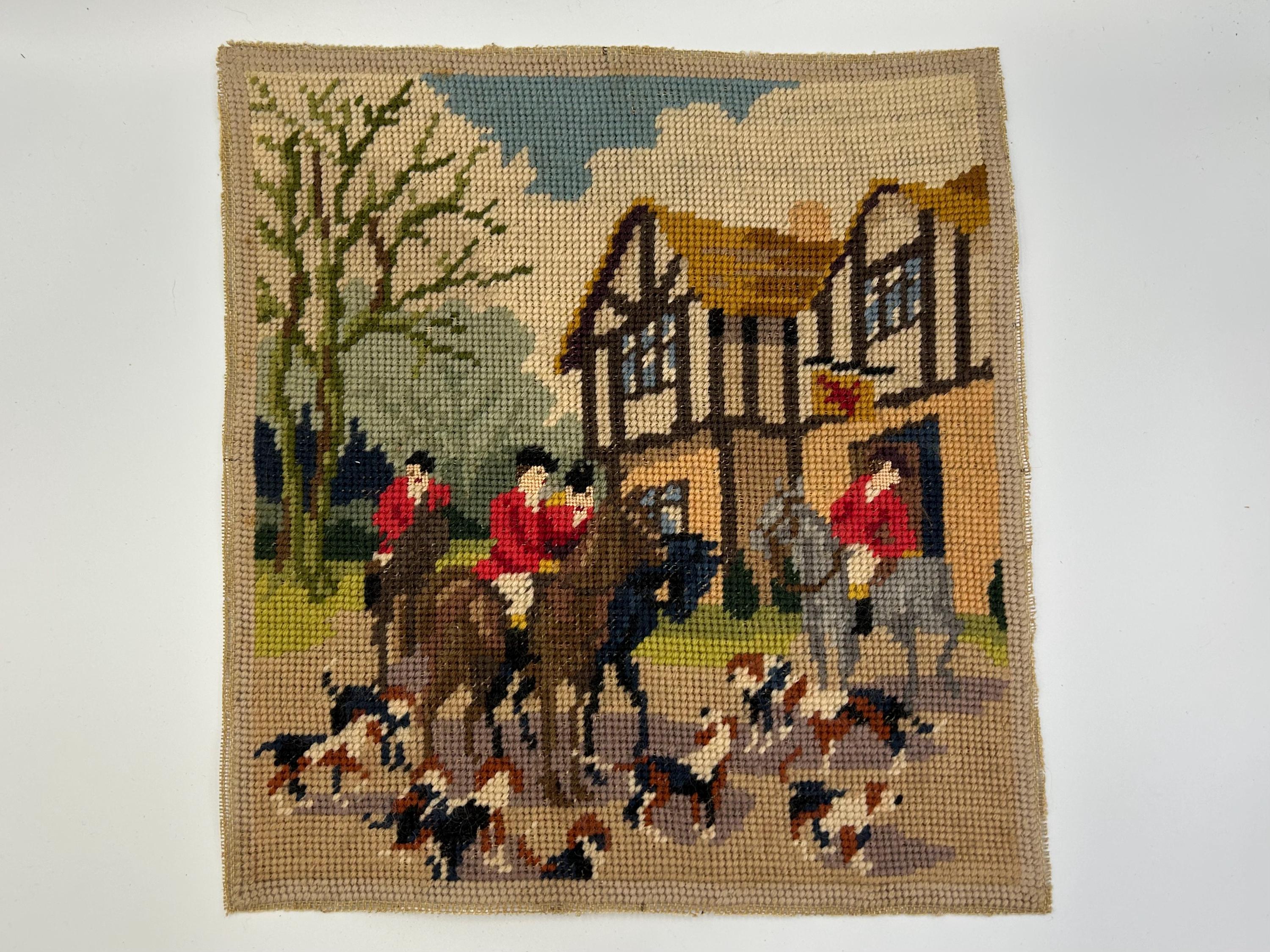 Vintage Unframed Cross-Stitch Needlepoint Fox Hunting Scene | 12 x 12  | 1950s | English Tudor Pub Horses Dogs | Gallery Wall Tapestry Decor