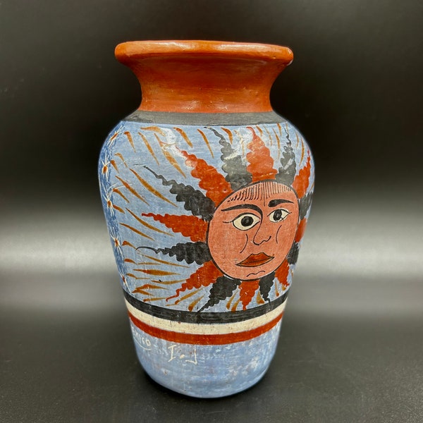 Vintage Mexican Celestial Vase | Tonala Folk Art Clay Pottery | Sun / Day & Night / Moon | 6" Blue  Hand Painted Terra Cotta | Boho Decor