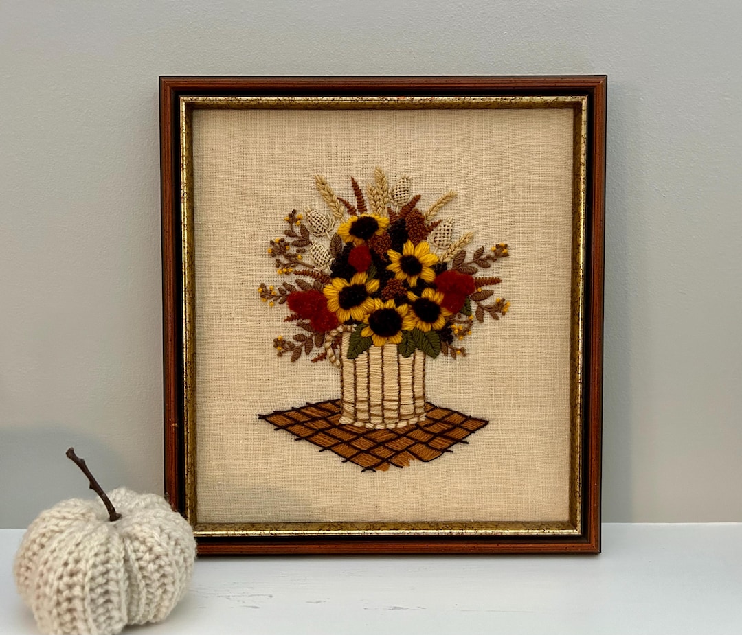 Vintage Fall Bouquet Crewel Wall Art Framed Autumn Floral Embroidery ...