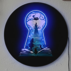 不思議の国のアリスの装飾、チェシャ猫の壁アート、不思議の国のアリスの絵画、ファンタジーブック愛好家へのギフト、おとぎ話の子供部屋ライト、ユニークな鍵穴